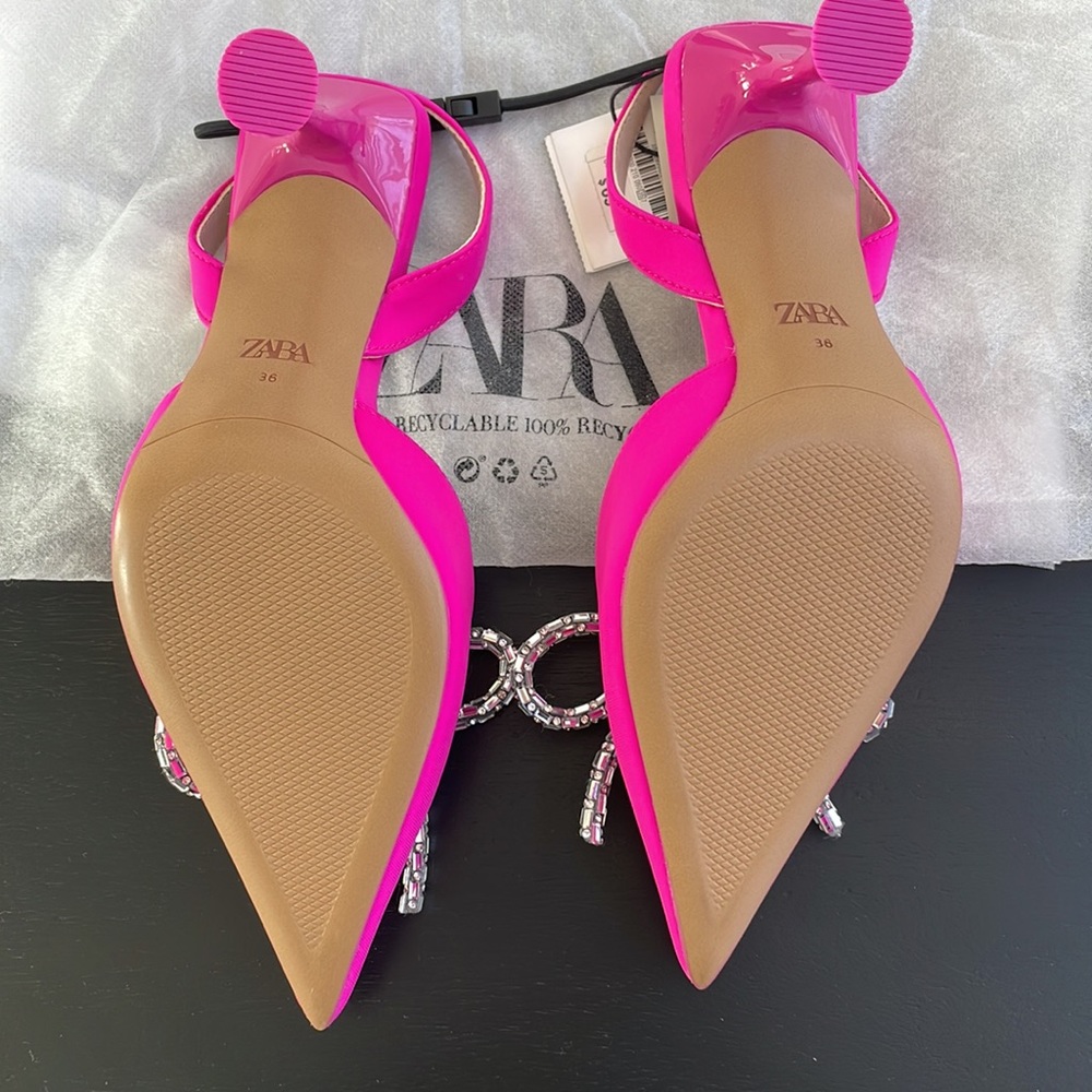 Women’s Zara Pink Slingback Heel Satin Effect Rhinestone Bow Shoes US 6 - Picture 7 of 11